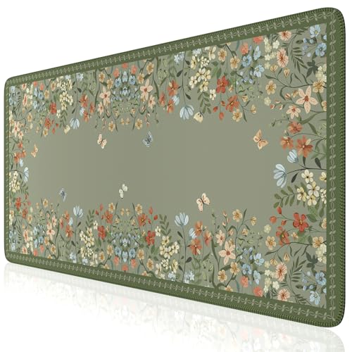 iCasso Desk Mat for Keyboard and Mouse,Large Keyboard Mat Non-Slip,Cute Desk Pad with Stitched Edges,Floral Mousepad for Women,Girly Computer Mat for Home Office Gaming(Sage Green) - color: Sage Green