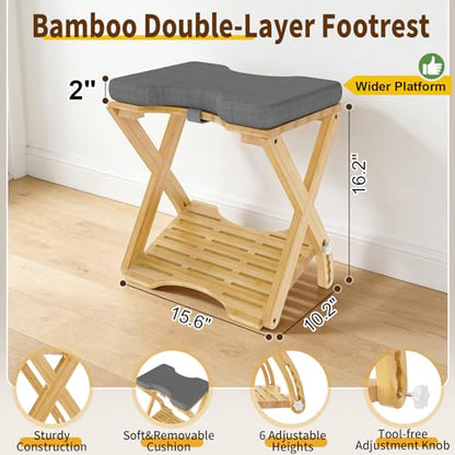 Double Step Foot Rest Under Desk at Work, Bamboo Foot Stool with 6 Adjustable Heights, Ergonomic Under Desk Footrest with Cushion for Home, Office & Gaming (Natural Color)