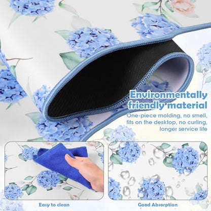 Copkim 1 Pcs Blue Scalloped Hydrangea Desk Mat 31.5 x 11.8 Inch Large Cute Mouse Pad Computer Mat Non Slip Waterproof Rubber Base with Border Stitching Soft Keyboard Pad for Home Office Gaming Makeup - color: Blue, style: Hydrangea