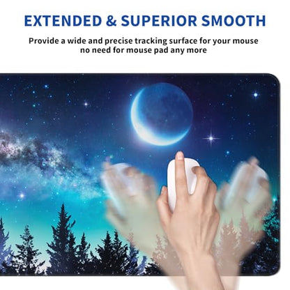 Tree Mouse Pad Abstract Starry Sky Mouse Pad 31.5x11.8 Inch Japanese Texture Non-Slip Rubber Base Large Mousepad Stitched Edges Keyboard Mouse Mat Desk Pad for Office and Home - color: Moon
