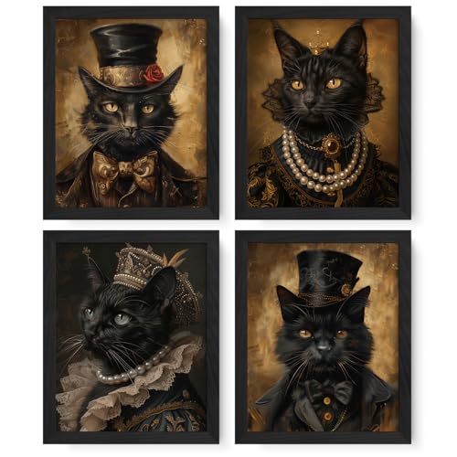 JXREQ Vintage Black Cat Wall Decor for Bedroom Living Room, Retro Dark Academia Vintage Style Animal Art Posters Set of 4, Halloween Pictures Wall Decor, 8x10 Inch Unframed
