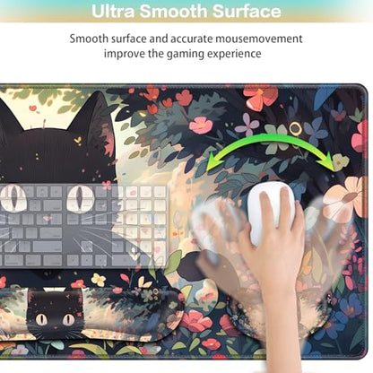 Mouse Pad Anime, Mouse Pad with Wrist Rest, 4-in-1 XXL Large Desk Mat Kawaii Mousepad with Gel Wrist Support Keyboard Wrists Rest Coaster, Ergonomic Gaming Cat Desk Pad, Funny Cute Office Accessories - color: Flowers&Cat