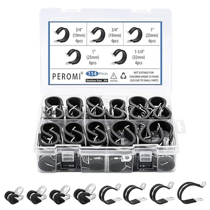 114PCS 304 Stainless Steel Cable Clamps Kit, 8 Sizes 1/4"-1-1/4" | Riveted Reinforced, Rubber Cushioned Insulated Loop, Pipe Clips, Automotive Engine Marine Boat RV, Hose Cable Management - size: 8 Sizes(6mm-32mm) 114pcs