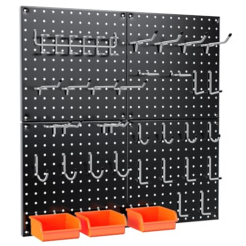 Peg Board, 68PCS Heavy Duty Metal Pegboard with Hooks, 4 Pack Black Peg Board Panels, 50lbs Load Capacity Each, Pegboard Wall Organizer for Garage, Workshop, Craft Rooms Total 24” x 24” - color: Black, size: 12“×12”-4PCS（with Hooks）