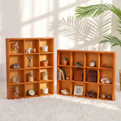 Yookeer 2 Pcs 12-Slot Wood Sorting Tray Grid Display Cabinet 13.4 x 10.6 x 2 Inch Divided Organizer Solid Wooden Storage Desktop Grid Display, Wall Shelf Storage Rustic Decor for Crafts Home Office