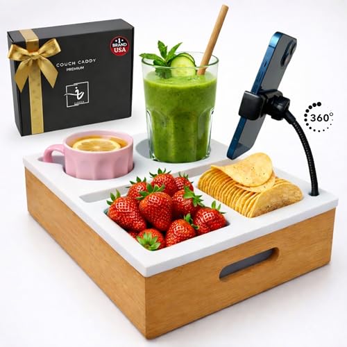 Couch Caddy with Cup Holder | Wood Couch Cup Holder Tray for Drinks, Snacks & Remotes | Sofa Couch Organizer with Phone & Cup Holder Tray (White) - color: White