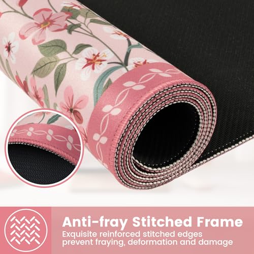 HAOCOO Rose Desk Pad Mat Floral, Cute Desk Matt for Desktop, Non-Slip Large Mouse Pad with Edge Stitching, Waterproof Keyboard Mat for Gaming, Office, Women Office Aesthetics - color: Dark Pink