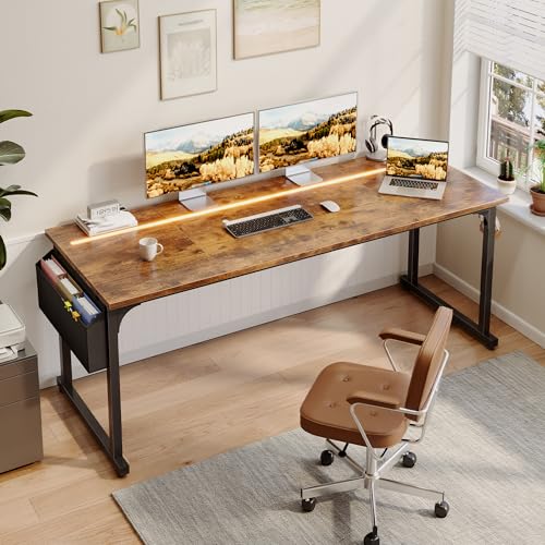 DurayLoly 71"Computer Desk with LED Lights, Large Office Desk for 3 monitors or 2 laptops,Long Desk with Storage Bag&Headphone Hook for Study Writing Work Gaming Desk,Sturdy Metal Frame,Bedroom,Brown - color: Brown, size: 71 Inch