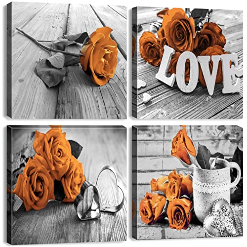 Burnt Orange Canvas Wall Art Flowers Pictures Wall Decor for Living Room Vintage Rose Paintings Bathroom Decor Rustic Farmhouse Floral Posters Modern Artworks Kitchen Home Decorations 12x12” 4Pcs - color: Orange Rose, size: 12x12in