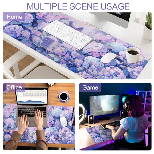 Petmolico Wrist Rest Set with Computer Keyboard Desk Pad,Mouse Wrist Rest,Keyboard Typing Wrist Pad and Cup Coasters,Ergonomic Design for Typing Pain Relief[Blue Flower&Cat] - color: Blue