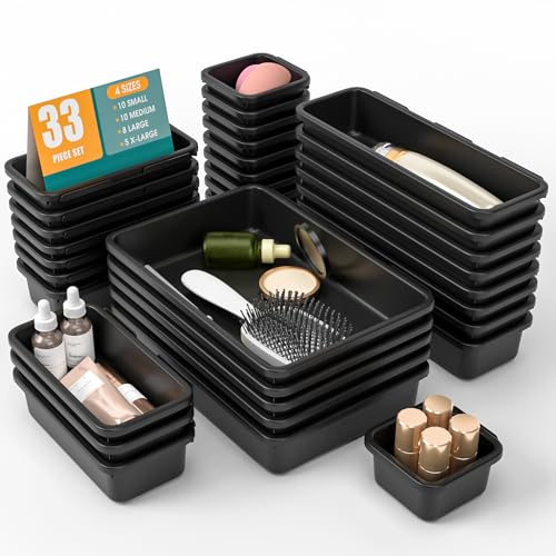 33 PCS Drawer Organizer Set, 4 Size Makeup Drawer Divider Organizer With Non-Slip Pads, Interlocking Plastic Storage Bins for Office,Jewelry Vanity,Gadgets, Bathroom,Kitchen, Black - color: Black, size: 33Pack
