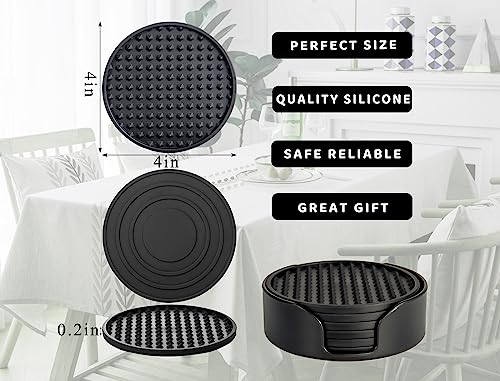 Coasters for Drinks 6 Pcs Drink Plastic Coaster with Holder,Heat Resistant Silicone Cup Mat Tabletop Protection,Non-Slip Rubber Coasters for Kinds of Cups (Black) - color: Black-plastic Holder
