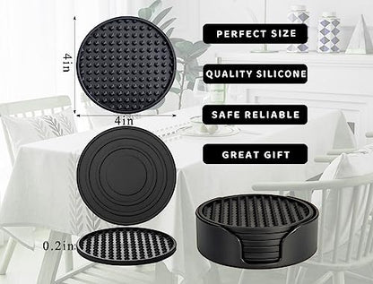 Coasters for Drinks 6 Pcs Drink Plastic Coaster with Holder,Heat Resistant Silicone Cup Mat Tabletop Protection,Non-Slip Rubber Coasters for Kinds of Cups (Black) - color: Black-plastic Holder
