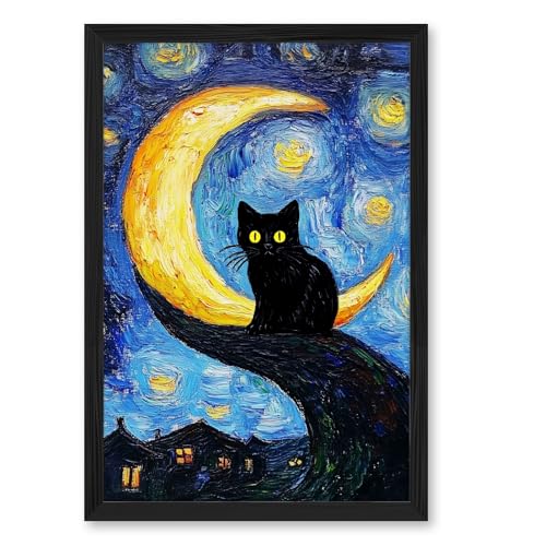 Funny Black Cat Wall Art Trendy Tree and Moon Oil Paintings Animal Poster Abstract Cat Floral Prints Posters Wall Decor Aesthetic for Farmhouse Gallery Bedroom 8x12inch Black frame - color: Antique cat - Black PVC frame, size: 8"L x 12"W