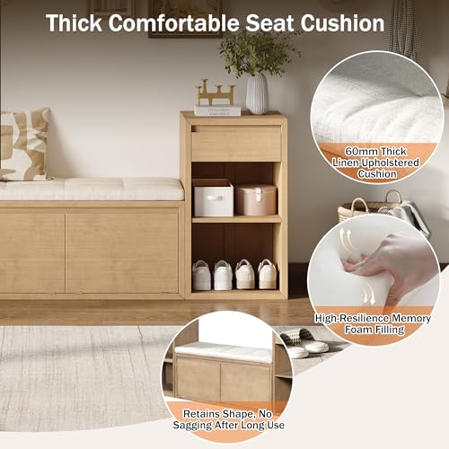 JIJIWANG 77.48" W Entryway Storage Bench with Cushion, 4-in-1 Hallway Bench with Drawers, Compartments and Open Shelves, Mudroom Bench for Shoes and Storage, Brown - color: Brown
