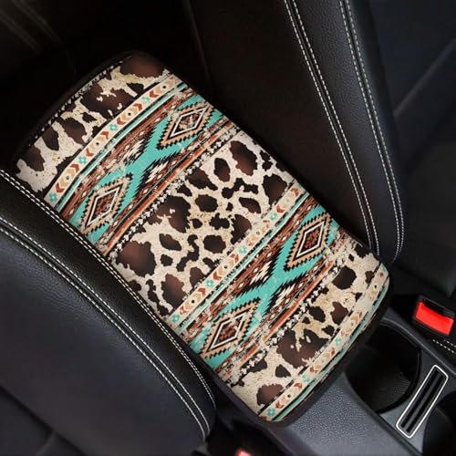 Wanyint Auto Center Console Pad, Easy to Install Armrest Cover, Car Accessories Fit Most Vehicles SUV Truck Van Sedans, Aztec Brown Cow Print Retro - color: Aztec Brown Cow Print Retro