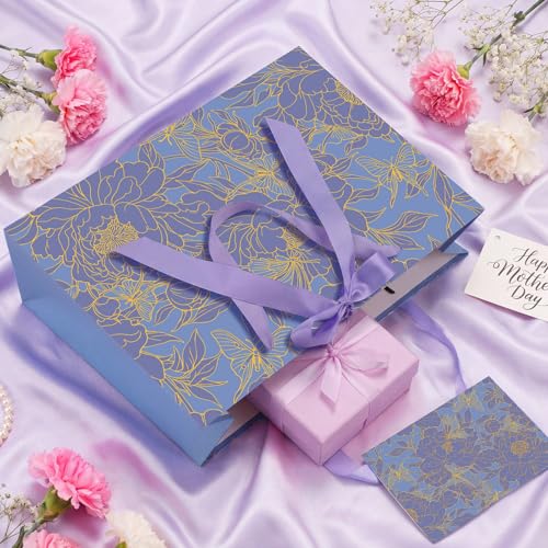 woric 2 Pcs Purple Gift Bag with Handle, 13.7" Birthday Gift Bags for Women | Floral Designs, Ribbon Handle, 4 Tissue Paper & 2 Greeting Cards, Women Birthday, Anniversary, Wedding Bridal Showers - color: Purple