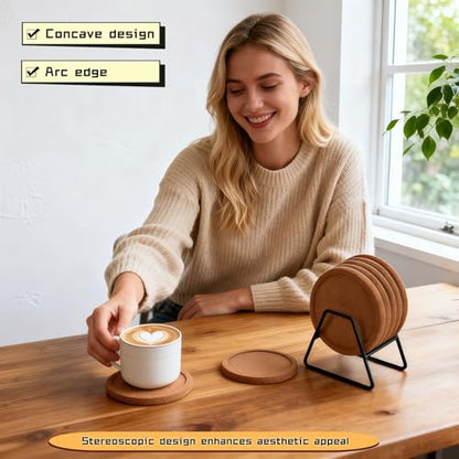 6-Pack Cork Coasters, 4 Inch Absorbent Reusable Beverage Coasters with Lip, Heat Resistant Non-Slip Cup Pads for Glasses Mugs, Natural Wood Table Protectors