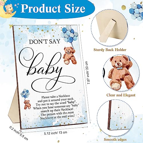 Roowest 51 Pcs Don't Say Baby Shower Game Wooden Bear Sign Table Decor Gift Sets 50 Bear Necklaces for Baby Shower Gender Reveal Games Party Favor(Blue) - color: Blue