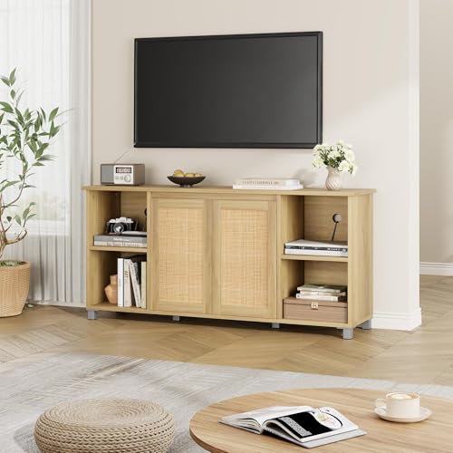 IDEALHOUSE Rattan TV Stand for 65" TVs, Natural Oak Media Console | Storage Cabinet & Adjustable Shelves, Boho Media Console, Natural Oak Finish, Rattan Doors, Living Room Bedroom - color: Natural
