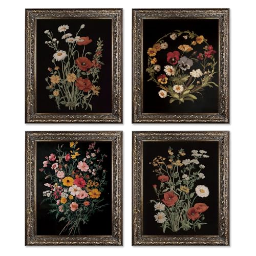 Locomiss Vintage Floral Wall Art Decor, Dark Cottagecore Wildflower Wall Decor, Vintage Moody Flower Botanical Posters Print for Farmhouse Bedroom Bathroom Living Room, Set of 4 (8x10 Unframed) - color: wildflowers