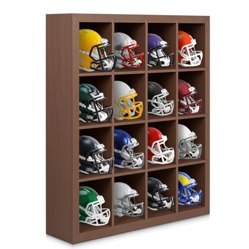 Colingmill 1 Pack Mini Helmet Display Case Pocket Size Football Helmets Wooden Stand Display Cabinet Wall Racks, 11.54"x10.35"x2.4", 4x4 Grid, Black, No Door No Cover(Walnut) - color: Walnut