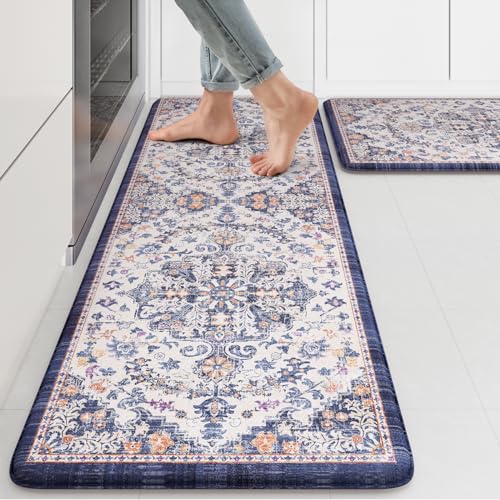KIMODE Kitchen Mats for Floor, Boho Floral Blue Kitchen Rugs Sets of 2, Anti Fatigue Mats for Kitchen Floor, Cushioned Comfort Kitchen Floor Mats for Sink, Laundry, Desk,17"x47"+17"x29" - color: Blue Purple/Multi, size: 17.3" x 47"+17.3" x 29"--0.47 inche