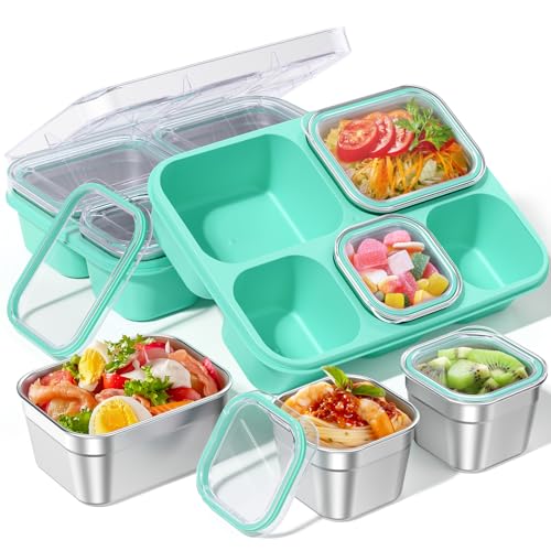 BiuLeon Snackle Box Containers, Stainless Steel 5 Compartments Divided Serving Tray with Lid, Removable LeakProof Portable Bento Box for Fruit Candy Nuts Food - School, Picnic and Travel（Green） - color: Green