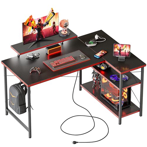Mericonia Small L Shaped Computer Desk with Power Outlets, Reversible Gaming Desk with Storage Shelves & Monitor Stand, Corner Gamer Desk Table, Study Writing Table - color: Carbon Fiber, size: 40 inch