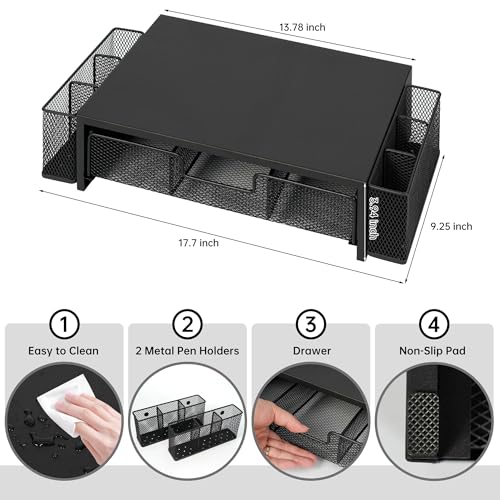 Qupui Computer Monitor Stand Riser with Drawer and Pen Holders, Desk Organizer Shelf and Accessories, Office Desk Accessories, Office Organization, Black - color: Black with Drawer