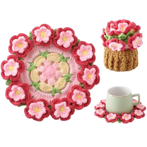 Flower Crochet Coasters, Handmade Bouquet Blanket Coaster with Crochet Plant Pot Fun Soft Decorative Drink Coasters for Coffee Tabletop Protection and Home Decor (Peach Pink, 1Pc) - color: Peach Pink, size: 1Pc