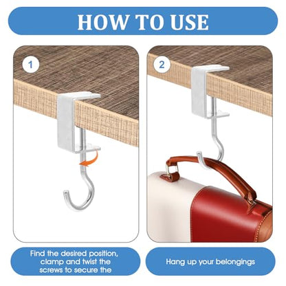 cobee Clamp-On Under Desk Hooks, Desk Mount Hanging Bag Holder Metal Hook Adjustable Headphones Clamp Organizer Portable Purse Hanger Clip Reduce Desk Clutter Table Desk Under Counter (8 Pcs, Silver) - color: 8 Pcs, Silver