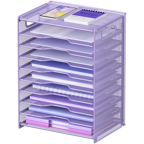 OUTWOLF 10 Tier Paper Organizer - Letter Tray Mesh Desk File Organizer with Handles for Office School Desktop, Purple - color: Purple