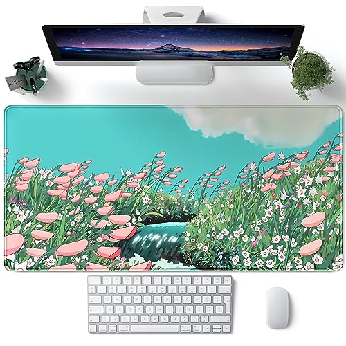 Cute Anime Floral Desk Mat Sage Green Large Mouse Pad XL Gaming Mousepad Kawaii Desk Keyboard Pad Laptop Computer Mouse Mat Cute Desk Decor Desk Pads On Top of Desks for Desktop 31.5''X 15.7'' - color: A Anime Floral