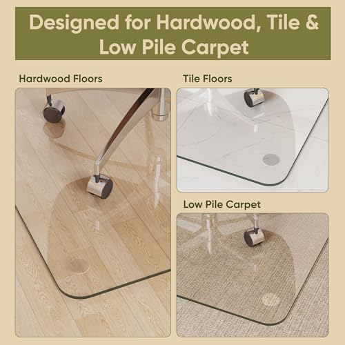 Tempered Glass Chair Mat for Hardwood Floor, 36" x 48" Heavy Duty Glass Office Chair Mat, for Low Pile Carpet, 0.2" Thick with 4 Non-Slip Pads, Smooth Rolling for Home & Office - size: 36" x 48"