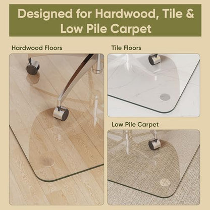 Tempered Glass Chair Mat for Hardwood Floor, 40" x 60" Heavy Duty Glass Office Chair Mat, for Low Pile Carpet, 0.2" Thick with 4 Non-Slip Pads, Smooth Rolling for Home & Office - size: 40" x 60"