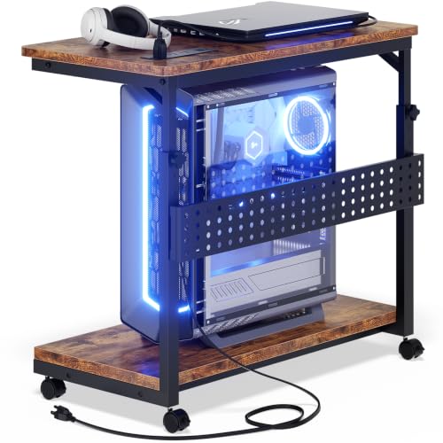 Besiost Computer Tower Stand with Power Strips, 4 Levels Manual Height Adjustable PC Tower Stand for Under Desk, Mobile Rolling CPU Holder, Computer Cart with Wheels, 24", Rustic Brown