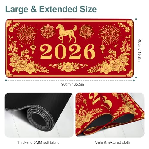 2026 Horse Year Extended Gaming Mouse Pad 35.4 x 15.7 Inch – Red Desk Mat for Gaming, Office, and Chinese New Year Celebrations, with Non-Slip Rubber Base - color: #11, size: 35.4 x 15.7 Inch