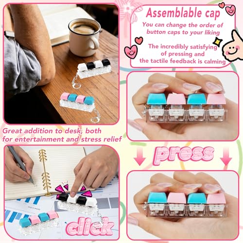 2 Pcs 4 in 1 Keyboard Fidget Toy Keychain, Clicky Button Toy Stress Relief Keychain with Swappable Keycaps, Mini Mechanical Key Fidget for Office Desk Focus Gifts (Blue Pink Black White) - color: Blue Pink Black White