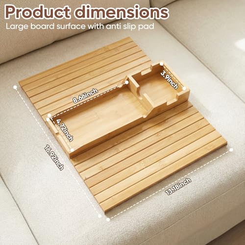 Bamboo Couch Arm Tray Table with Built-in Cup Holder, Foldable Anti-Slip Sofa Armrest Table for Drinks, Phone & Remote, Fits 4.7–16.9 in Armrests, Holds Cups up to 3.5 in Diameter (Bamboo) - color: Primary Colors