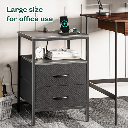 Huuger Night Stand with Charger Station, 27.7 Inch Tall Nightstand, Bed Side Table with 2 Fabric Drawers, Fabric Drawer Dresser for Bedroom, Living Room, Grey - color: Charcoal Gray and Black, size: 11.8"d X 17.7"w X 27.7"h (2 Drawers)