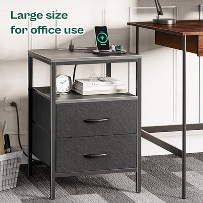 Huuger Night Stand with Charger Station, 27.7 Inch Tall Nightstand, Bed Side Table with 2 Fabric Drawers, Fabric Drawer Dresser for Bedroom, Living Room, Grey - color: Charcoal Gray and Black, size: 11.8"d X 17.7"w X 27.7"h (2 Drawers)