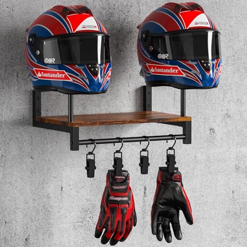 Automotive Helmet Holder Wall Mount, Solid Wood and Metal Helmet Rack with 4 Glove Clips, Motorcycle Accessories Gear Storage Organizer for Entryway or Garage - color: Vintage Brown
