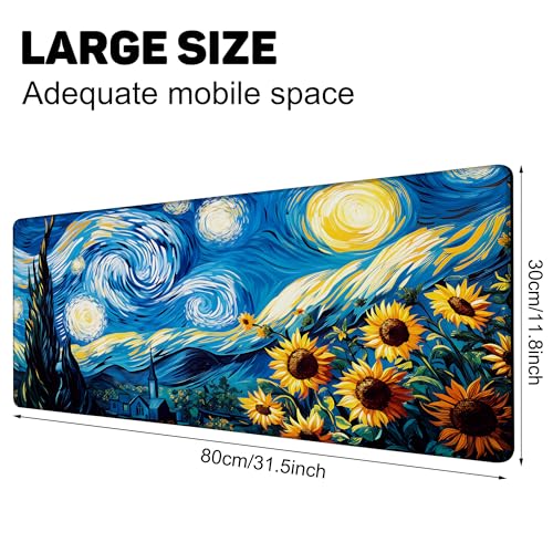 Starry Night and Sunflowers Gaming Mouse Pad with Stitched Edges Non-Slip Rubber Base Mouse Pad for Office,Computer,Keyboard,Laptop and Home Desk,31.5 x 11.8 Inch - color: Starry Night and Sunflowers, size: 11.8*31.5inch