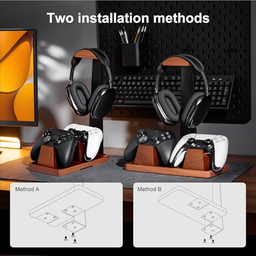 UPERGO Headset Stand with 2 Controller Holders - Solid Wood & Metal Gaming Headphone Holder for Switch, Controllers, and Desk Accessories (Wood) - color: Wood