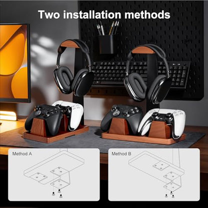 UPERGO Headset Stand with 2 Controller Holders - Solid Wood & Metal Gaming Headphone Holder for Switch, Controllers, and Desk Accessories (Wood) - color: Wood