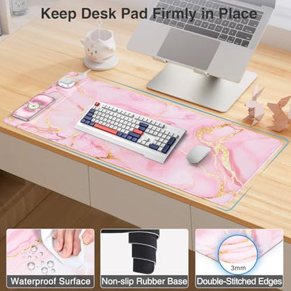 Wireless Charging Mouse Pad with Foldable Phone Holder, 31.5"x15.8" Large Desk Mat for Laptop/Keyboard, Waterproof Ultra-Smooth Surface, Non-Slip Base, Pink Marble - color: Pink Marble-31.5"x15.8"-Phone Holder