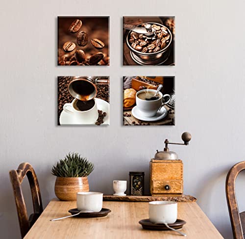 Kitchen Wall Art Coffee Decor Canvas Prints Coffee Cup Latte Mocha Cafe Drinking Pictures Brown 4 Panel Modern Artwork for Dining Room Restaurant Bar Decorations 12"Wx12"Hx4 Framed Ready to Hang - color: coffee