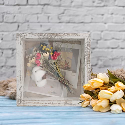 GraduationMall 8x8 Wood Shadow Box Frame Glass Door Display Case with Linen Back and 6 Stick Pins,1.5 inches Interior Depth,Ideal for Memorabilia Pictures Flowers Medals Tickets Rustic White - color: Rustic White, size: 8x8