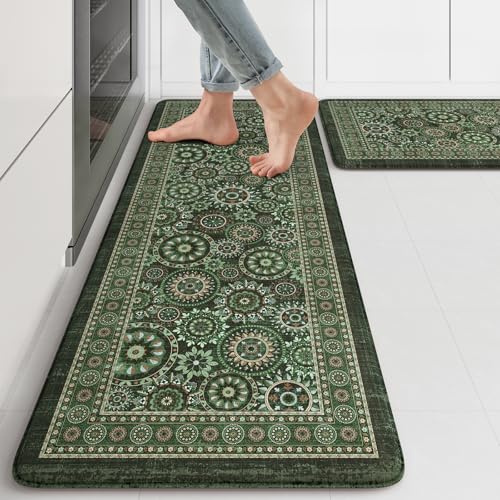 KIMODE Anti Fatigue Kitchen Mats for Floor 2 Piece Cushioned Boho Kitchen Rugs Memory Foam Kitchen Floor Mats Standing Desk Mats for Laundry Office Sink Green 17"x47"+17"x29" - color: Green/Multi, size: 17.3" x 47"+17.3" x 29"--0.47 inches